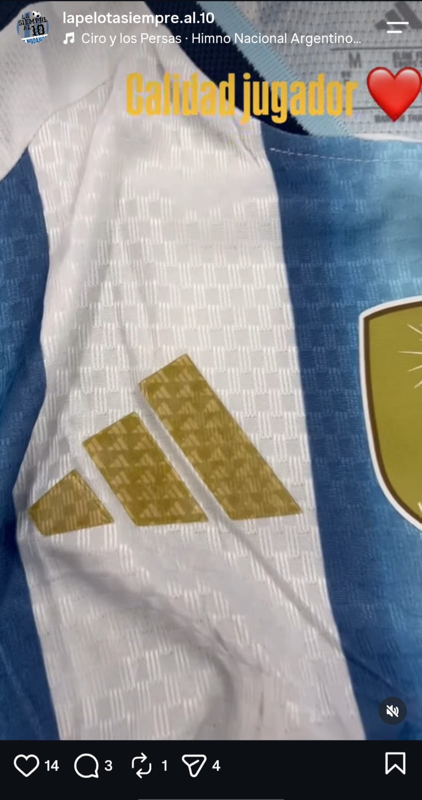 Publicación de Instagram con detalle de camiseta argentina